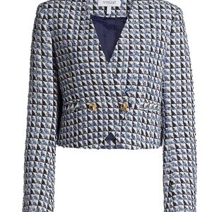 crosby. Navy and White Tweed Cropped Blazer with Gold Buttons